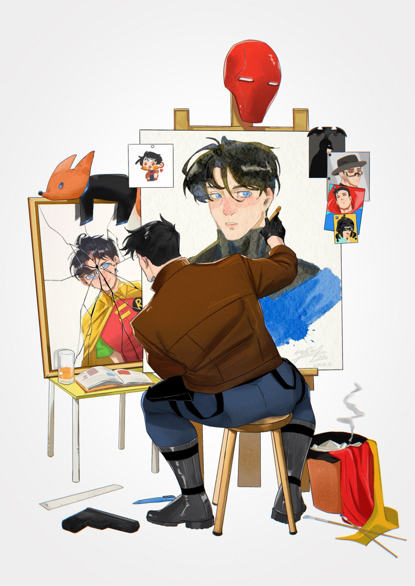 1boy, art_brush, bat_signal, batman_(series), batman_symbol, black_bodysuit, black_gloves, black_hair, blue_bodysuit, blue_eyes, bodysuit, brothers, brown_jacket, cameo, canvas_(object), cape, cowl, dc_comics, dick_grayson, easel, gloves, grey_bodysuit, highres, holding, holding_brush, holding_paintbrush, jacket, jason_todd, male_focus, mask, multiple_boys, muscular, muscular_male, nightwing, open_clothes, paint, paintbrush, painting_(action), palette_(object), pants, red_hood_(dc), red_mask, robin_(dc), short_hair, siblings, smallstarrrr, superhero_costume, superman, two-tone_bodysuit, yellow_cape