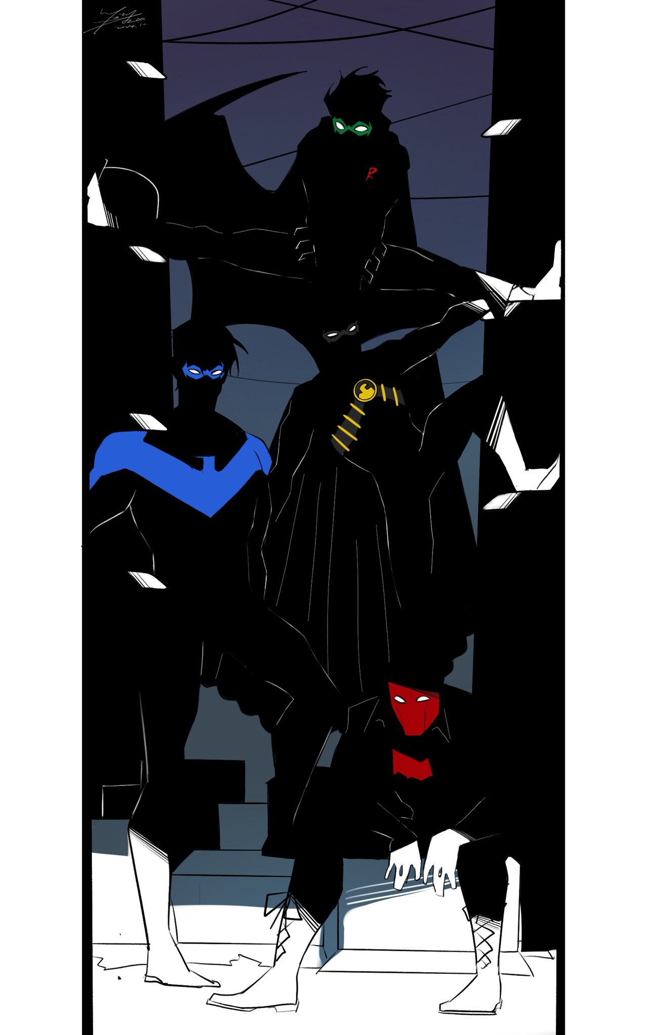 bat_signal, batman_(series), batman_symbol, black_bodysuit, black_gloves, black_hair, bodysuit, brothers, brown_jacket, damian_wayne, dc_comics, dick_grayson, domino_mask, gloves, highres, holding, jacket, jason_todd, male_focus, mask, multiple_boys, muscular, muscular_male, night, nightwing, open_clothes, outdoors, pants, people, red_hood_(dc), red_mask, red_robin, robin_(dc), short_hair, siblings, silhouette, smallstarrrr, standing, superhero_costume, tim_drake