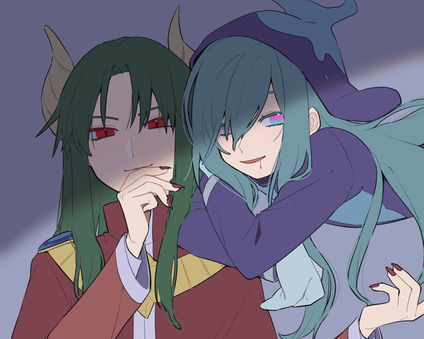 2boys, absurdres, aqua_eyes, aqua_hair, demon_horns, drooling, ecolo_(puyopuyo), fingernails