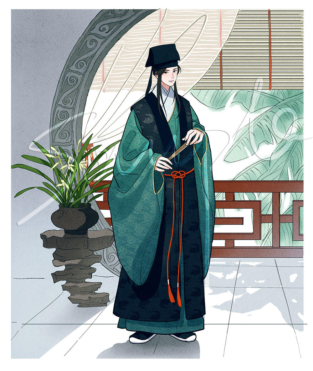 1boy, architecture, bad_link, bamboo_screen, black_hair, chinese_clothes, daffodil, dongpo_jin_(headwear)