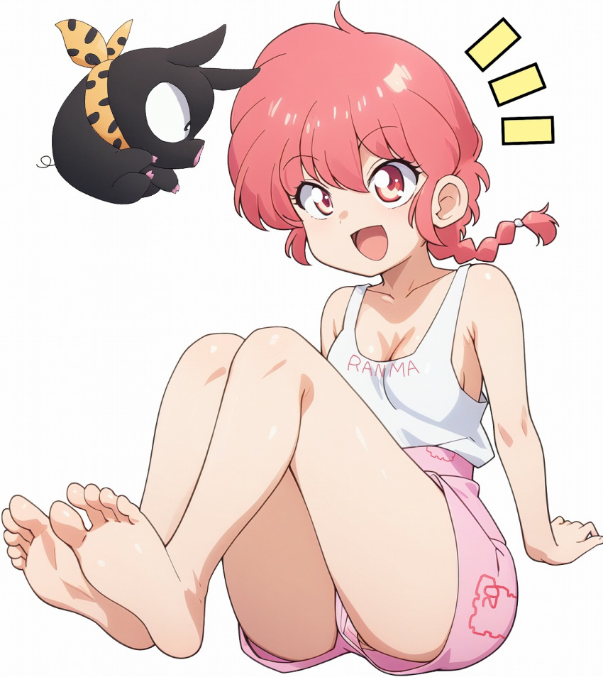 1girl, barefoot, braid, braided_ponytail, breasts, commentary_request, highres, long_hair, medium_breasts, notice_lines, odochi_(1or8), p-chan, pic, pink_shorts, ranma-chan, ranma_1/2, red_eyes, redhead, shorts, simple_background, sitting, smile, tank_top, white_background, white_tank_top