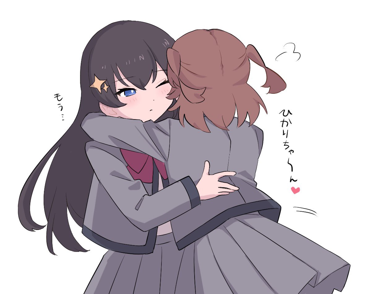 2girls, aijou_karen, arm_around_neck, black_hair, blue_eyes, blush, bow, brown_hair