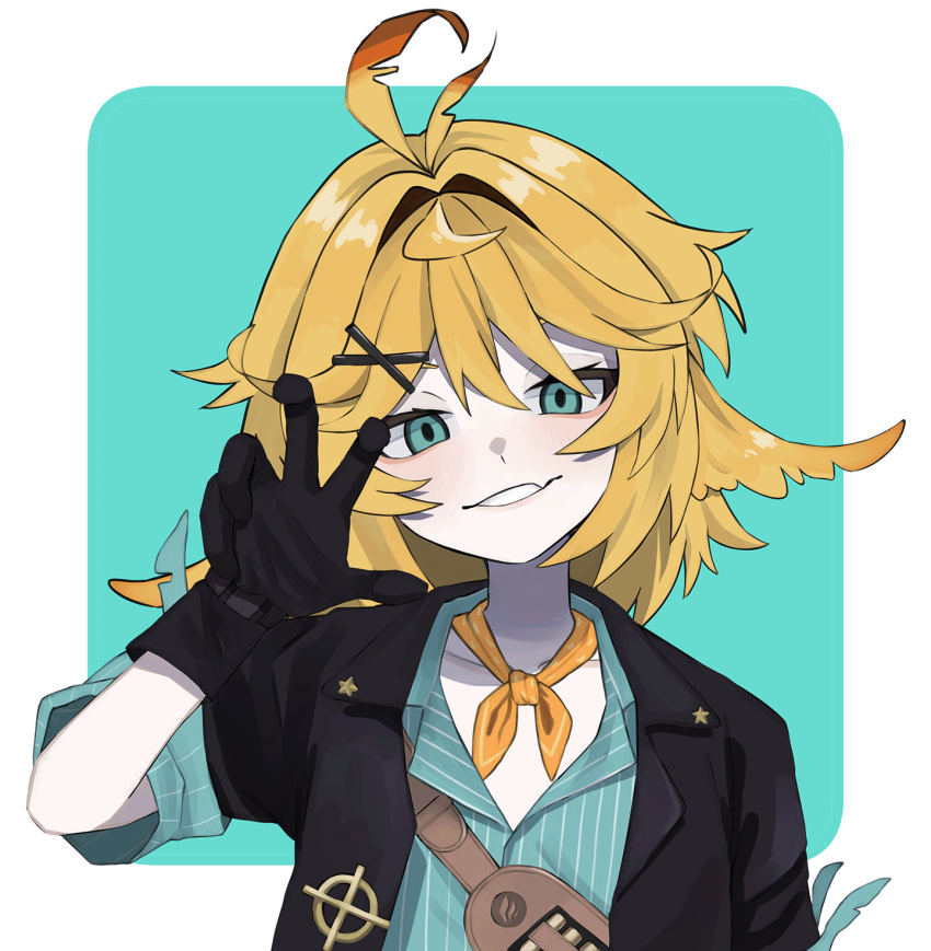 1girl, ahoge, aqua_background, aqua_eyes, aqua_shirt, black_gloves, black_jacket, blonde_hair