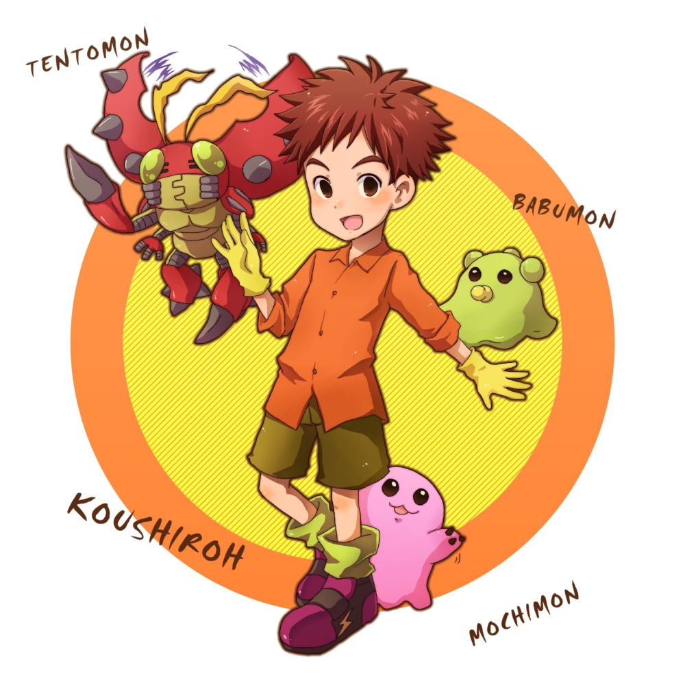 brown_hair, casual, digimon, digimon_adventure, goggles, izumi_koushirou, male, mochimon