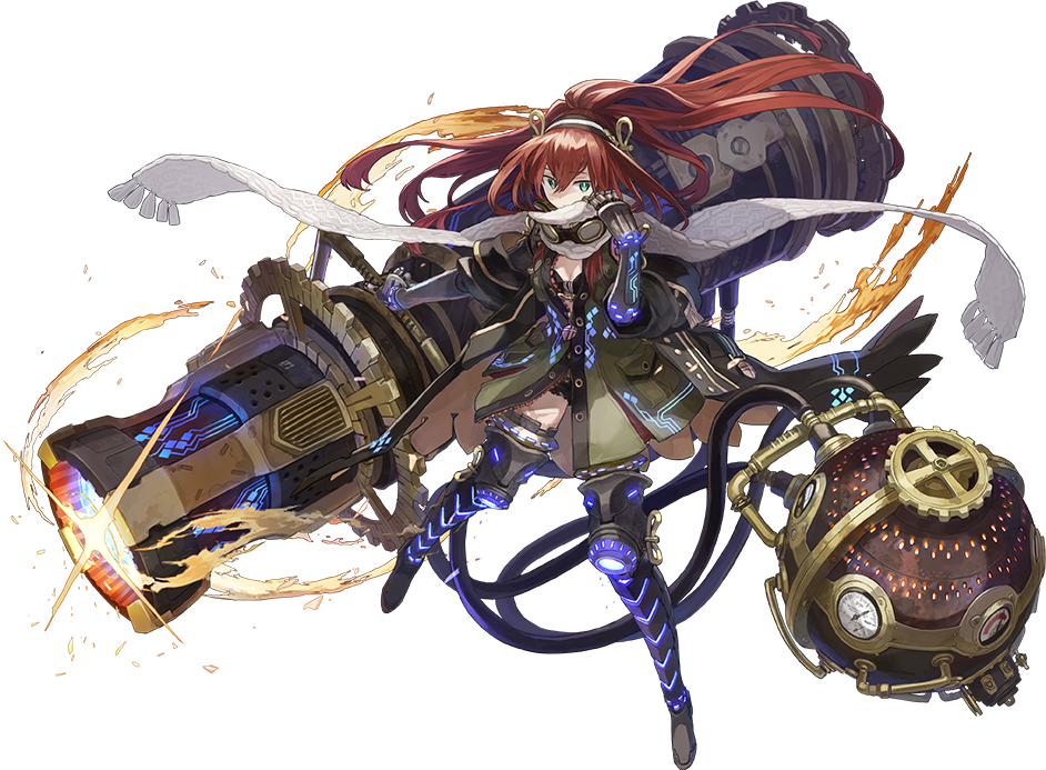 1girl, brown_hair, commentary_request, dare_ga_tame_no_alchemist, double-parted_bangs, floating_hair, floating_scarf, full_body, goggles, goggles_around_neck, green_eyes, green_jacket, hazel_(dare_ga_tame_no_alchemist), jacket, long_hair, looking_at_viewer, official_art, prosthesis, prosthetic_arm, prosthetic_leg, scarf, second-party_source, simple_background, solo, transparent_background, watarubou, white_scarf