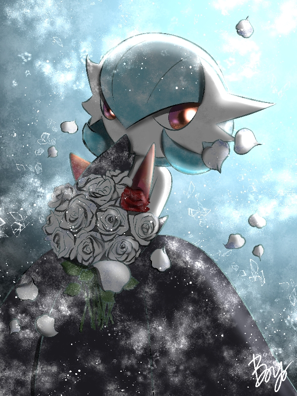 1girl, alternate_color, artist_name, backlighting, bare_shoulders, baya_(sakura_mint), black_dress, black_gloves