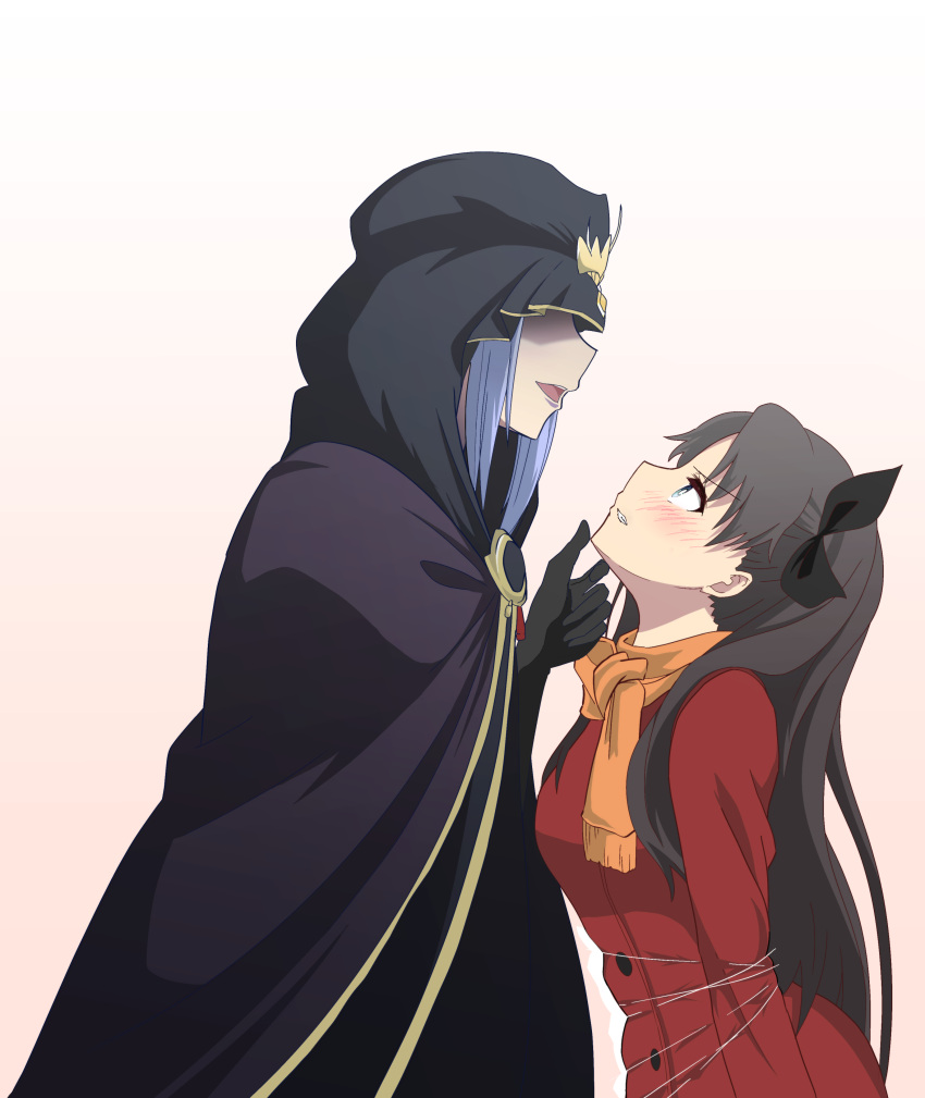 2girls, absurdres, bdsm, black_cloak, black_hair, blue_eyes, blue_hair, blush