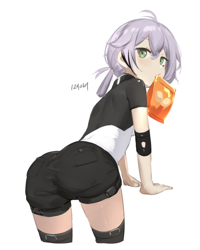 1girl, ass, bag_of_chips, black_shorts, black_thighhighs, breasts, cascadia_(neural_cloud), chips_(food)