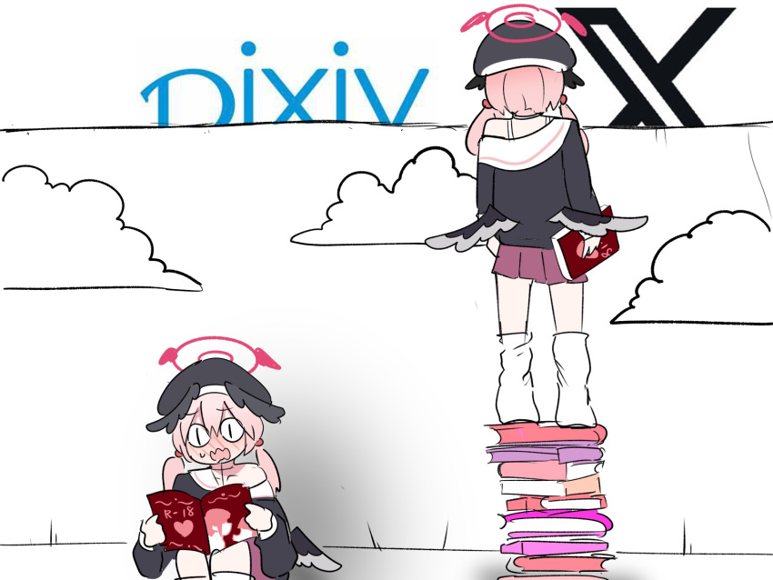 <|>_<|>, 1girl, black_shirt, black_wings, blue_archive, book, book_stack, facing_away