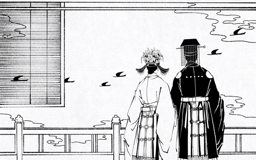 1boy, 1girl, absurdres, bamboo_screen, chinese_clothes, facing_away, from_behind, greyscale