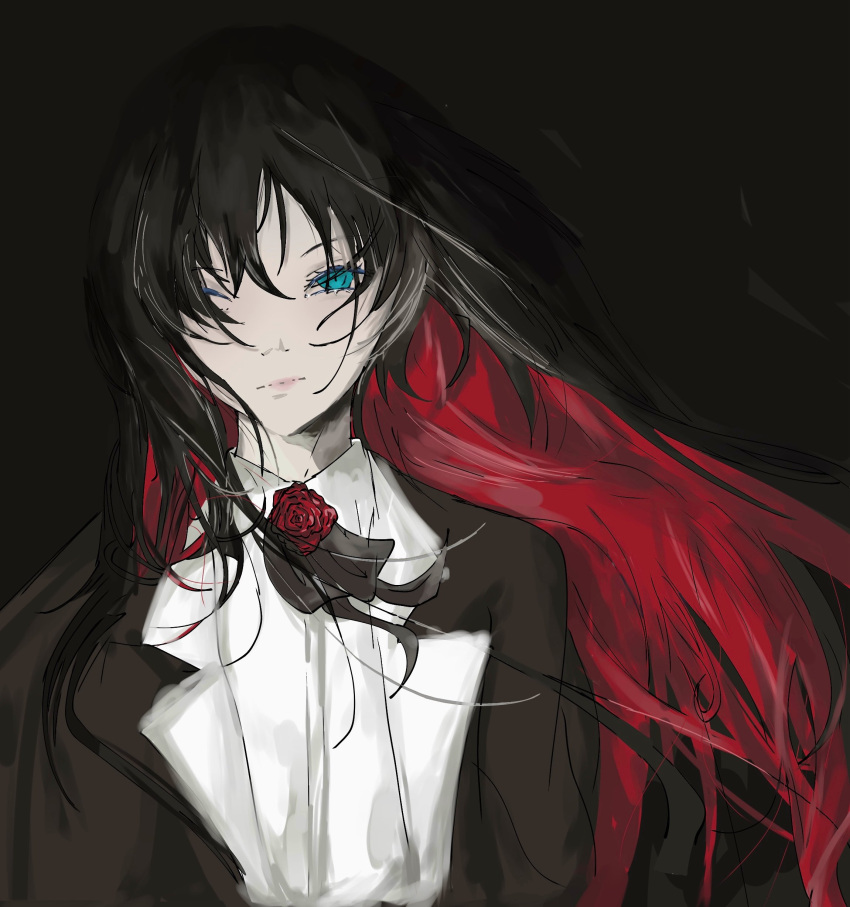 1girl, absurdres, ado_(utaite), black_background, black_coat, black_ribbon, blue_eyes, chando_(ado)