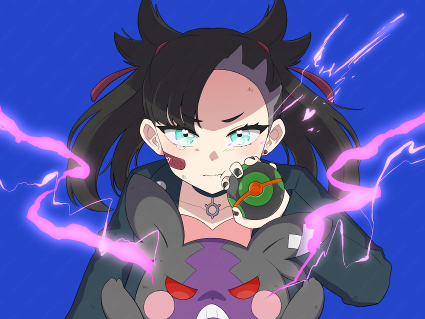 1girl, 44ikaro, :t, asymmetrical_bangs, bandaid, bandaid_on_face, black_hair, black_jacket