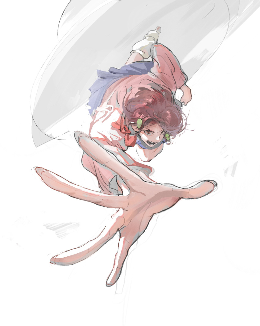 1girl, absurdres, ayase_momo, blue_skirt, bow, bowtie, brown_eyes, brown_hair
