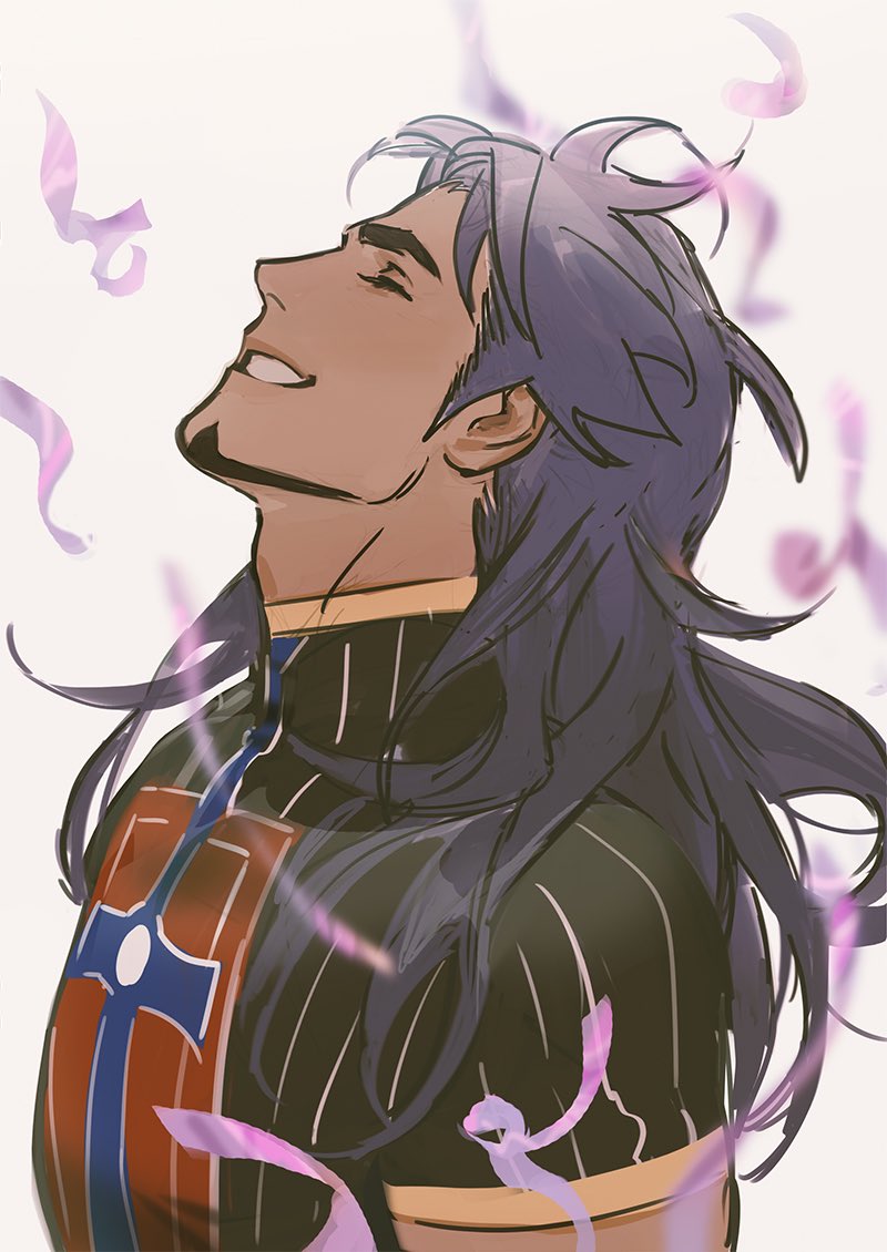 1boy, adam's_apple, closed_eyes, commentary_request, confetti, dark-skinned_male, dark_skin, facial_hair