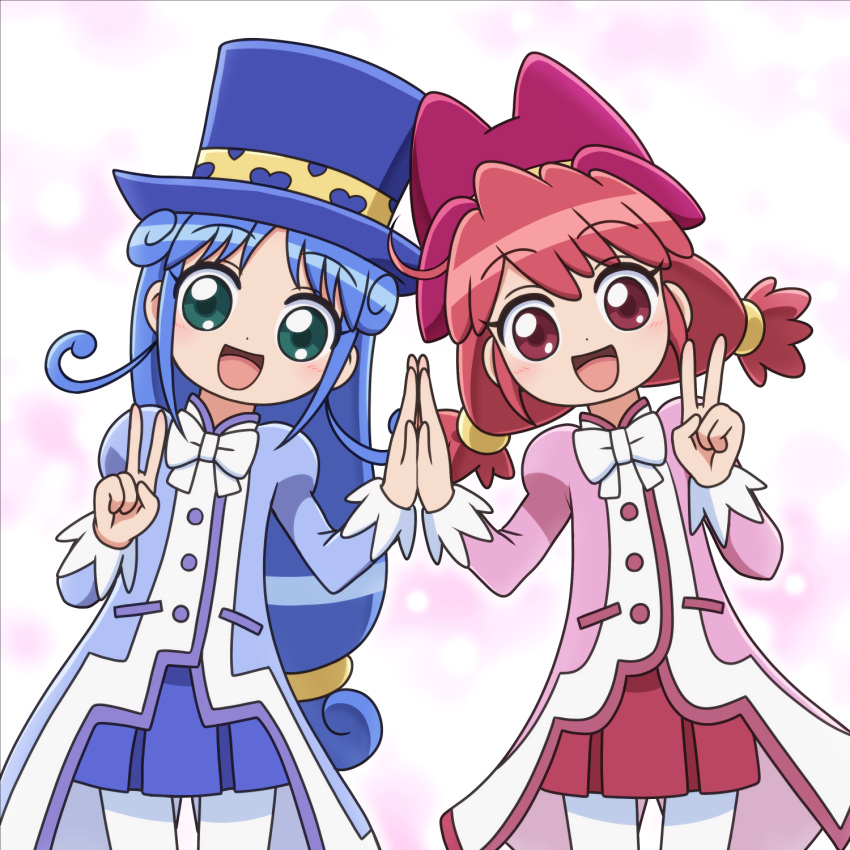 2girls, ahoge, animal_hat, blue_coat, blue_hair, blue_hat, blue_skirt, blush