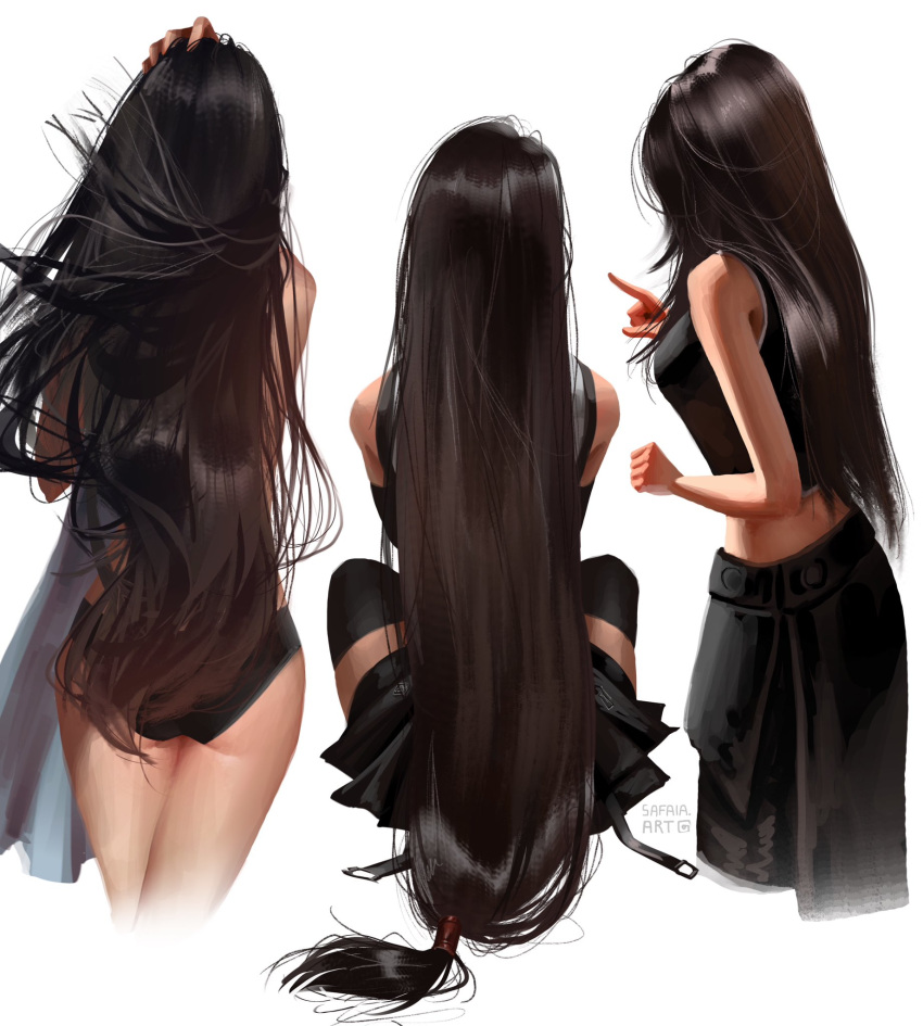 1girl, bikini, black_shirt, black_skirt, brown_hair, cropped_legs, final_fantasy, final_fantasy_vii