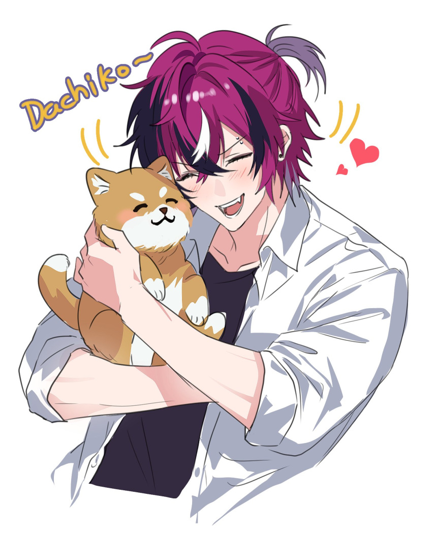 1boy, ^_^, animal, black_shirt, closed_eyes, collarbone, collared_shirt, crew_neck, cropped_torso, dog, doppio_dropscythe, hair_behind_ear, hair_between_eyes, heart, highres, holding, holding_animal, holding_dog, hug, layered_clothes, male_focus, multicolored_fur, multicolored_hair, nijisanji, nijisanji_en, open_mouth, orzmjxxx, ponytail, purple_hair, romaji_text, shirt, short_ponytail, short_sleeves, simple_background, solo, streaked_hair, teeth, upper_teeth_only, white_background, white_shirt