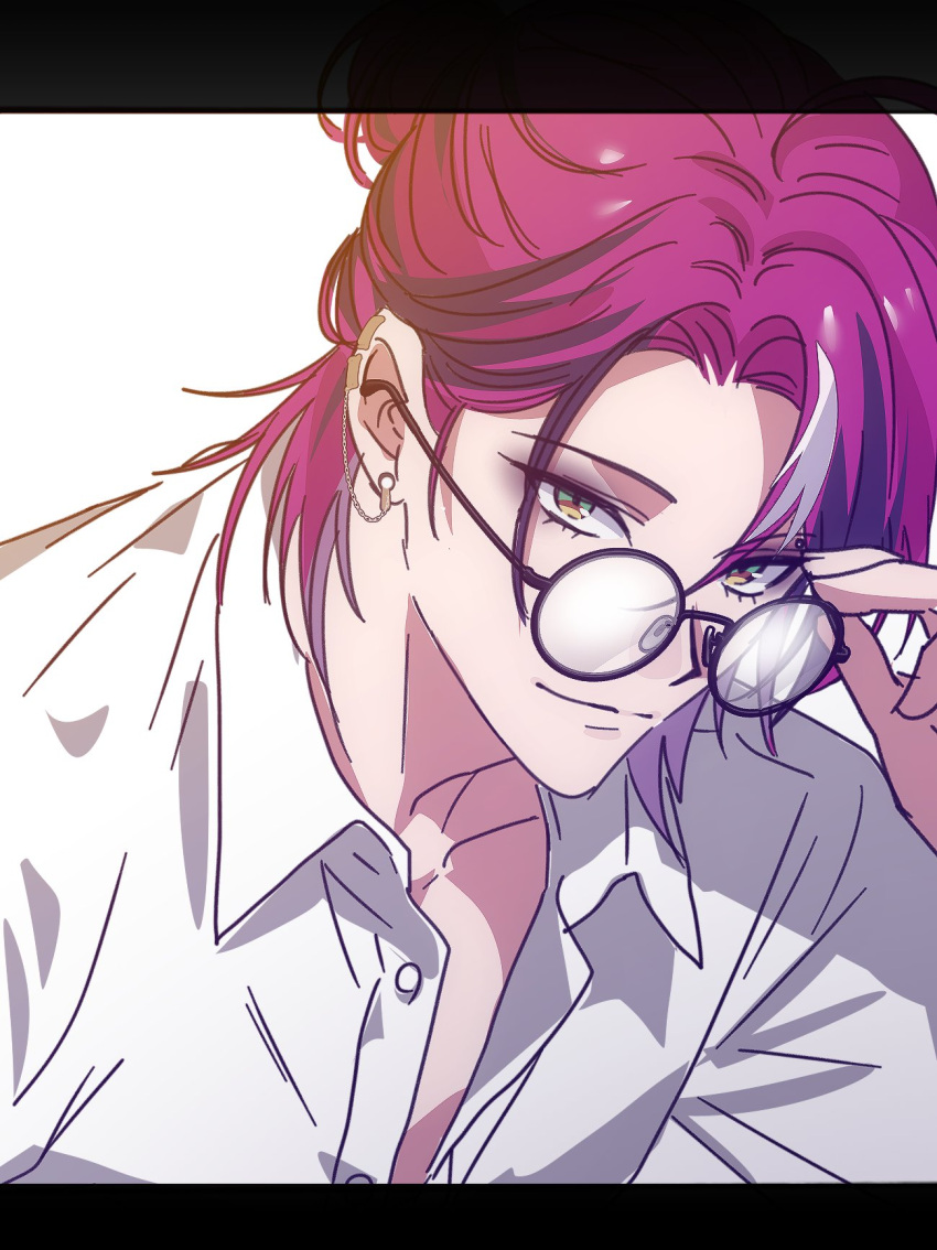 1boy, adjusting_eyewear, arm_up, black-framed_eyewear, buttons, closed_mouth, collared_shirt, commentary