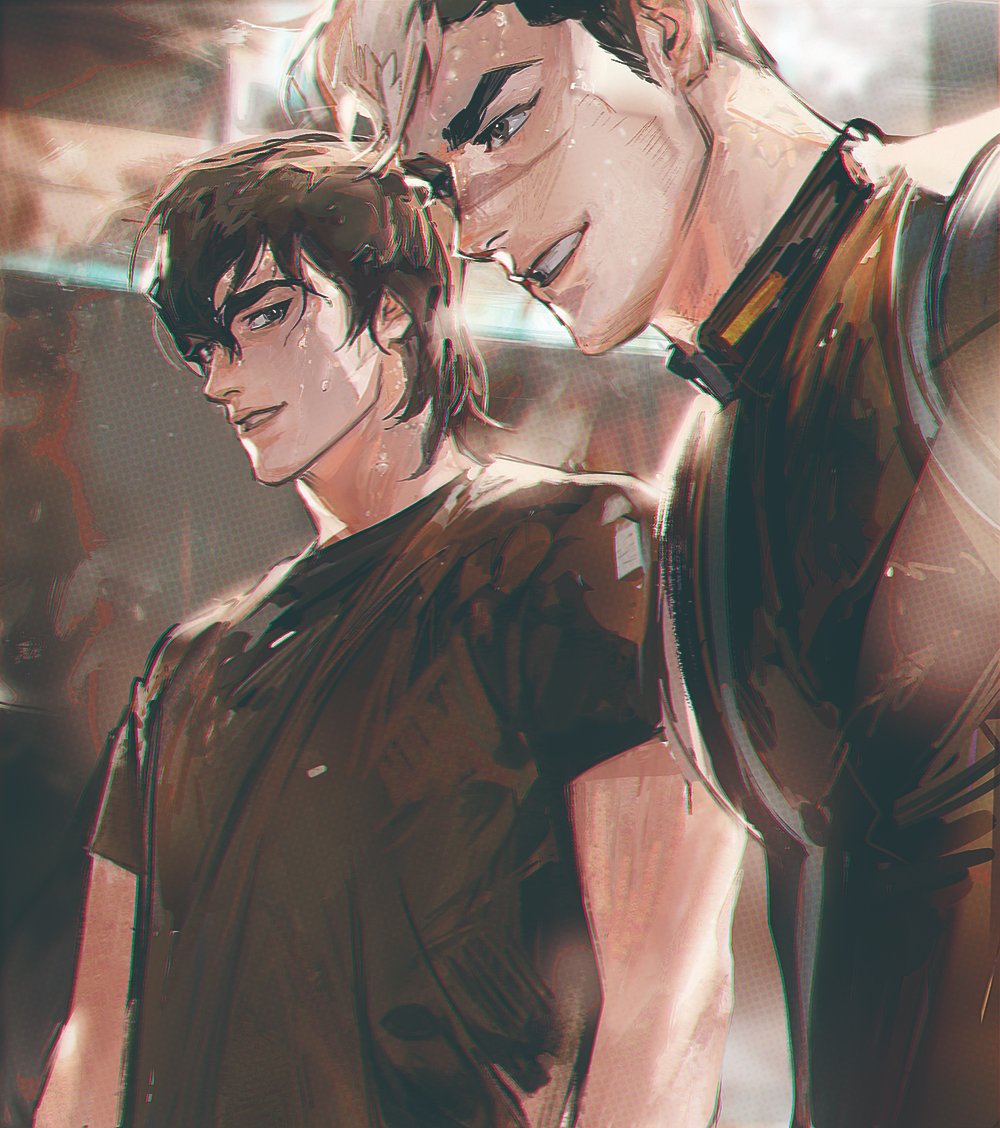 2boys, black_hair, black_shirt, brown_eyes, collared_shirt, commentary_request, crew_neck, from_side