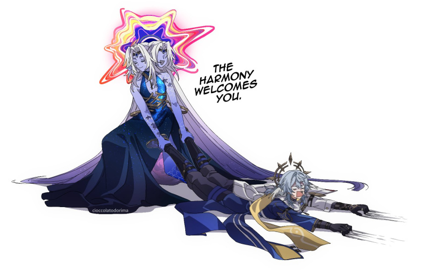 1boy, 1other, artist_name, bare_shoulders, black_footwear, black_gloves, black_pants, blue_dress