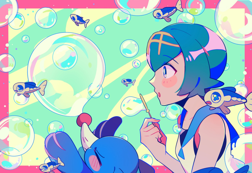 1girl, :o, blowing_bubbles, blue_eyes, blue_hair, blue_sailor_collar, blush_stickers, bright_pupils