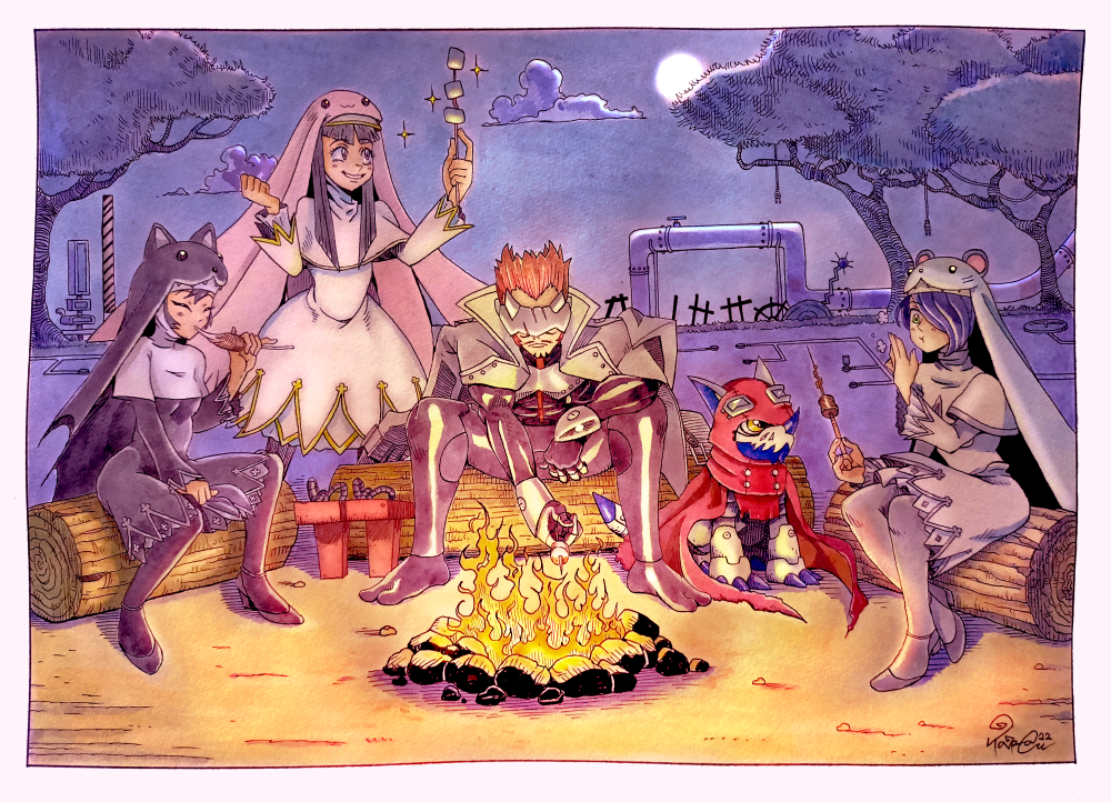 1boy, 3girls, ^_^, animal_ears, animal_hat, armor, black_bodysuit, black_dress