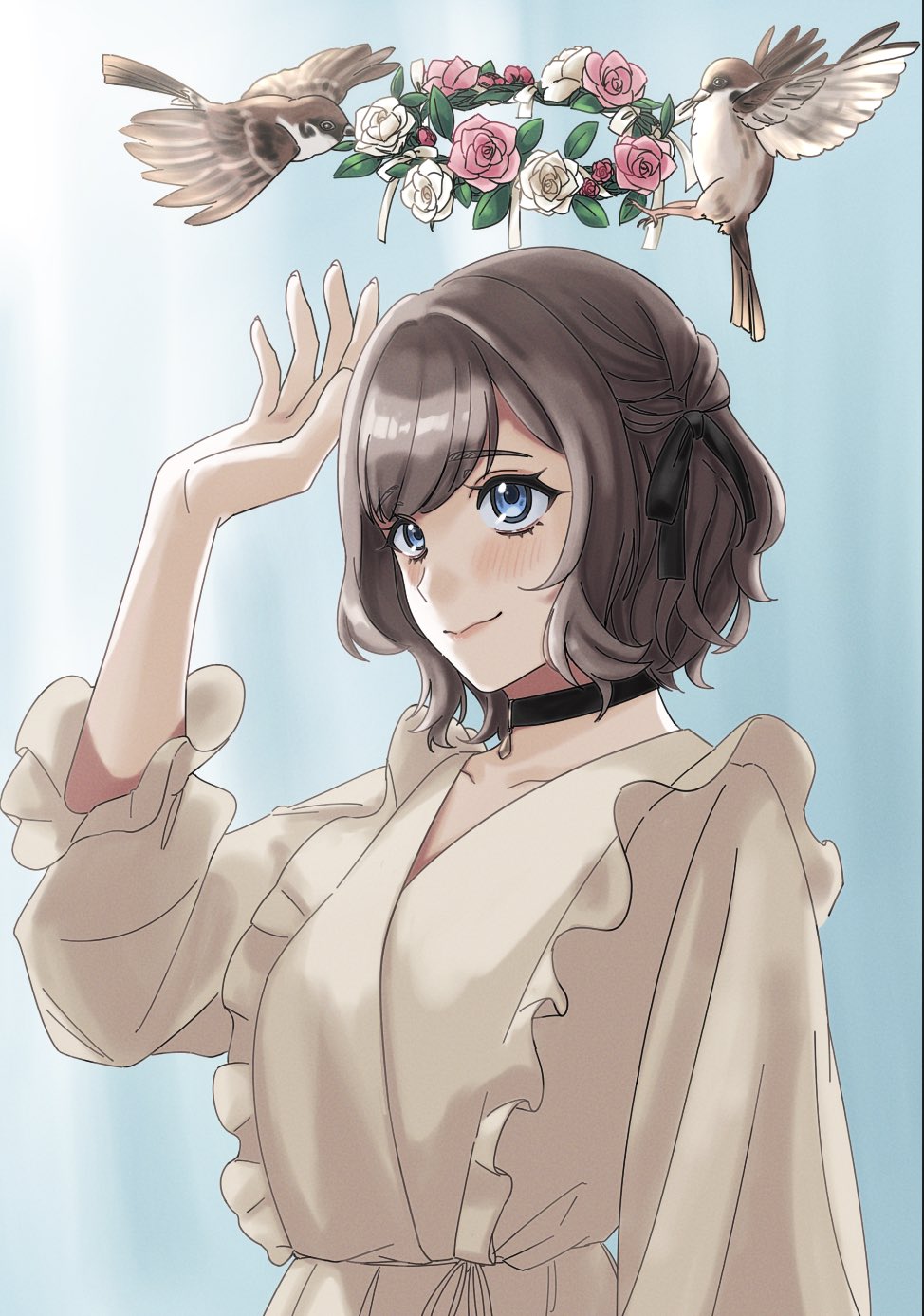 1girl, bird, black_choker, black_ribbon, blue_background, blue_eyes, blush, brown_hair, choker, closed_mouth, collarbone, commentary, dachievgshower, dress, fingernails, flower, flower_request, flower_wreath, flying, frilled_dress, frills, gradient_background, hair_ribbon, hand_up, hashtag-only_commentary, head_wreath, highres, indie_virtual_youtuber, looking_up, pendant_choker, pink_flower, ribbon, short_hair, simple_background, sleeves_past_elbows, smile, solo, sparrow, swept_bangs, thick_eyelashes, three_quarter_view, upper_body, virtual_youtuber, white_background, white_dress, white_flower, yamada_suzume