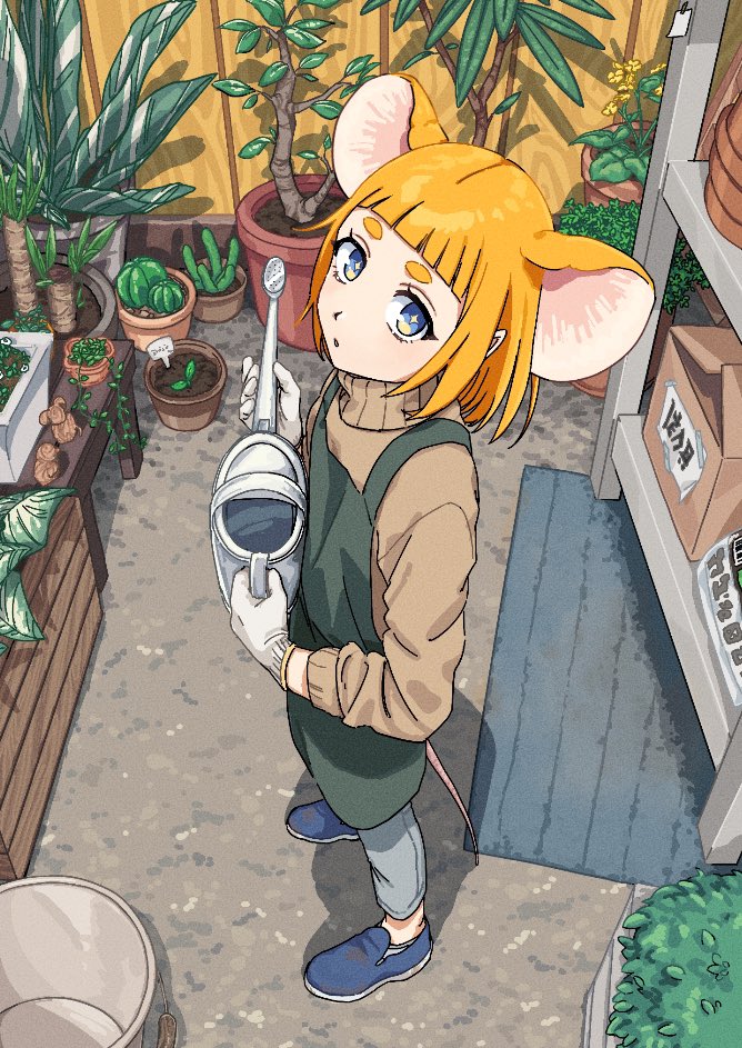 1girl, :o, animal_ears, apron, blue_eyes, blue_footwear, blue_pants, blunt_bangs