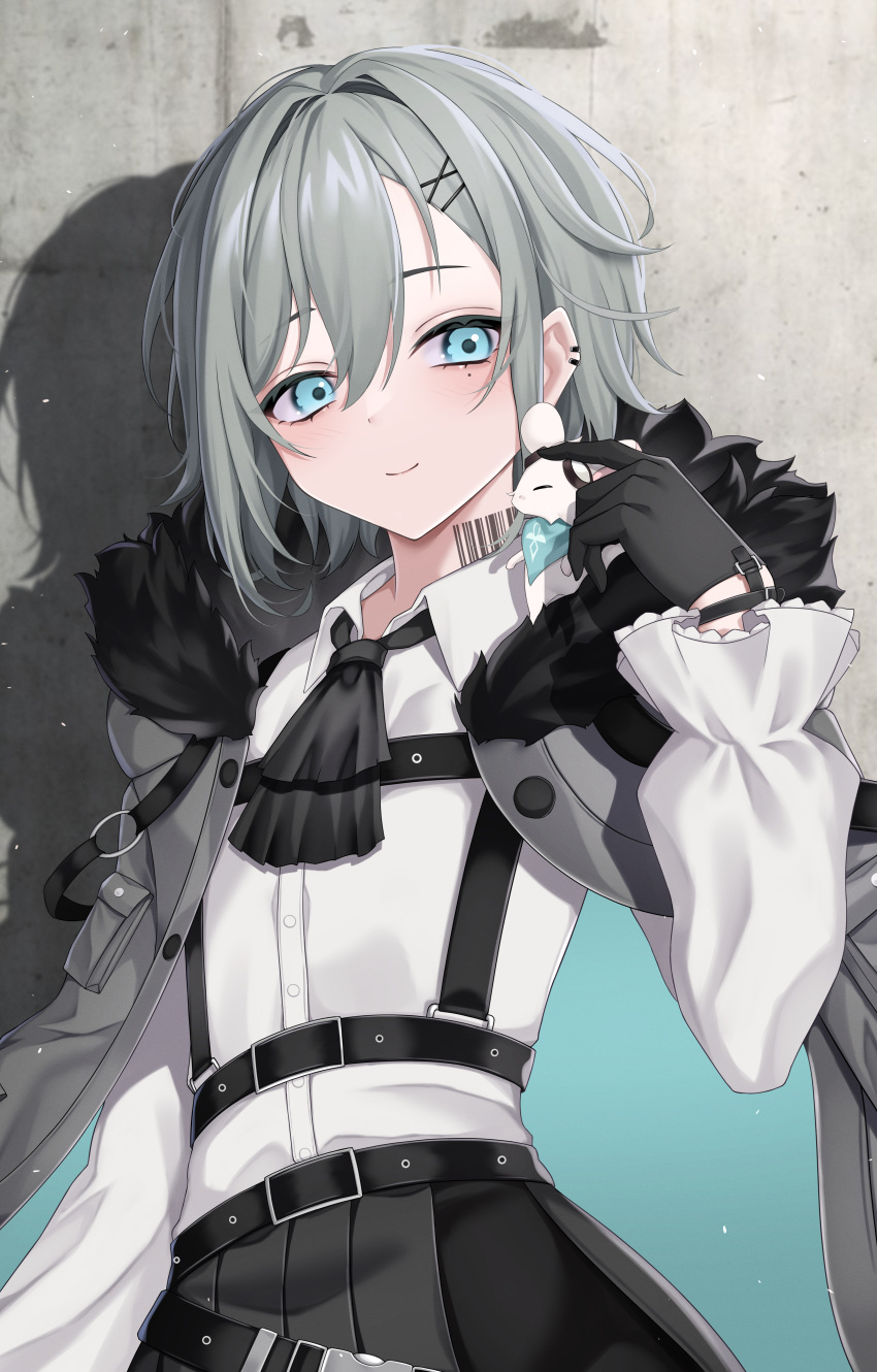 1girl, absurdres, aqua_eyes, ascot, barcode, barcode_tattoo, belt, black_ascot, black_belt, black_gloves, blast_project, closed_mouth, collared_shirt, ear_piercing, gloves, grey_hair, grey_jacket, hatsuka_neru, highres, jacket, mouse_(animal), open_clothes, open_jacket, piercing, shirt, solo, sou_skate714, tattoo, virtual_youtuber, white_shirt
