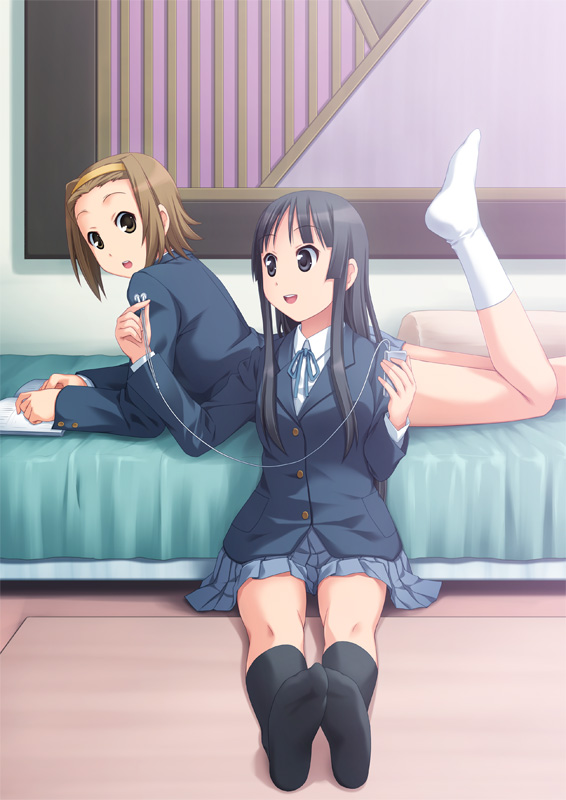 akiyama_mio, bed, black_eyes, black_hair, black_socks, brown_eyes, brown_hair, cable_divider