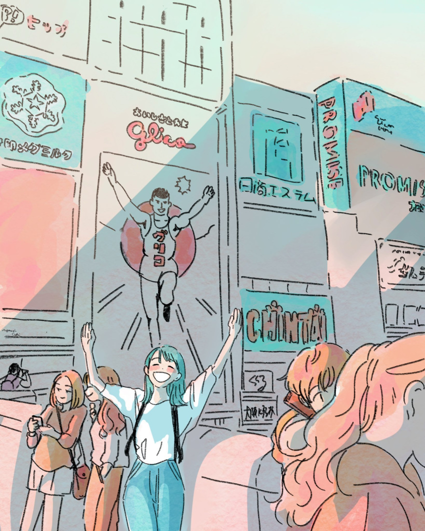 1boy, 1girl, 4girls, arms_up, backpack, bag, blue_hair, blue_pants