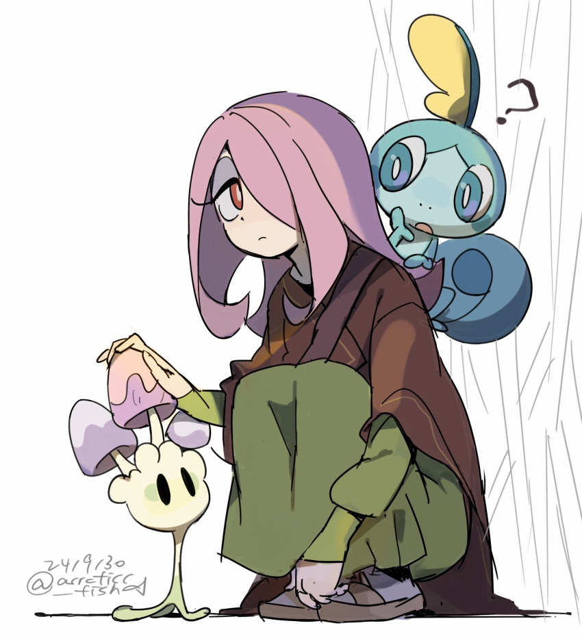 1girl, ?, arrcticc_fish, bright_pupils, brown_footwear, brown_jacket, closed_mouth, commentary