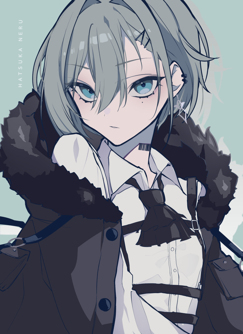 1girl, ascot, barcode, barcode_tattoo, black_ascot, black_jacket, blast_project, blue_eyes