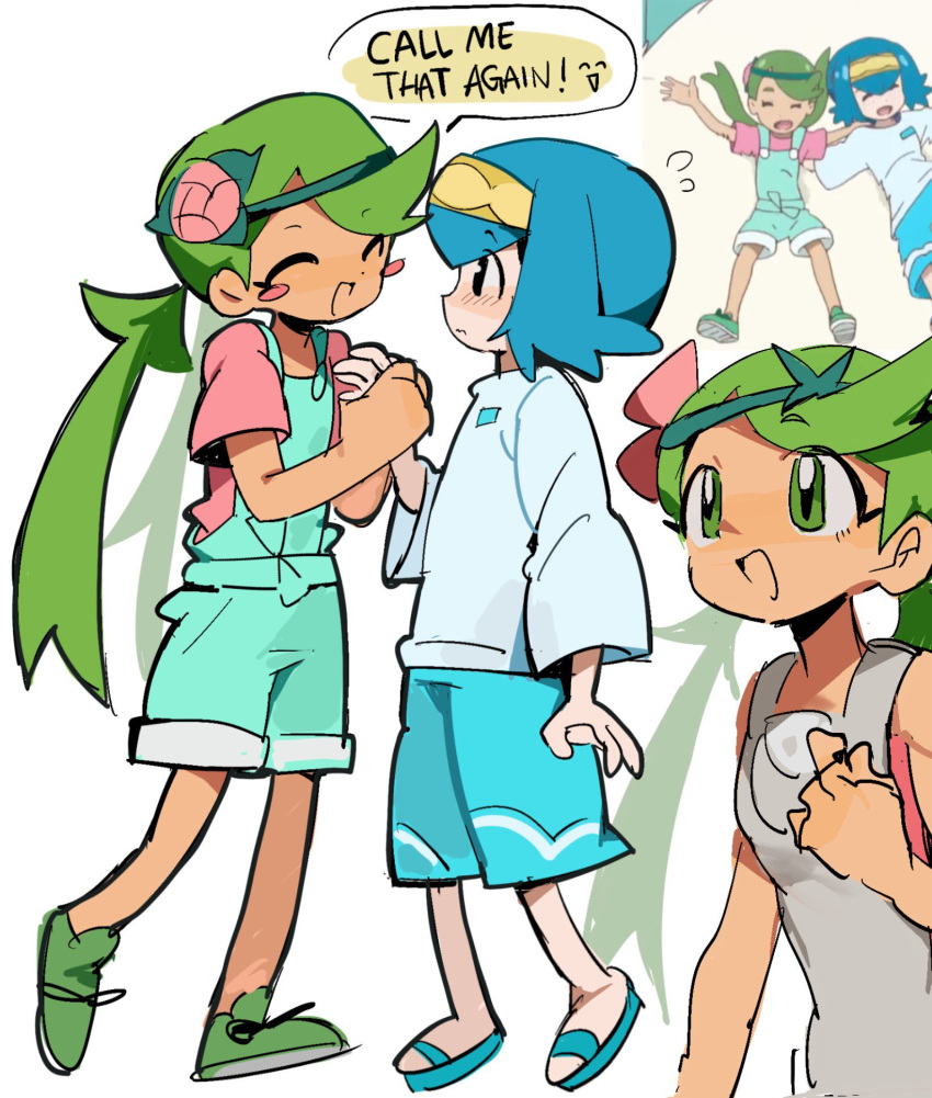 2girls, :d, arrcticc_fish, blush_stickers, closed_eyes, commentary, english_text, flying_sweatdrops