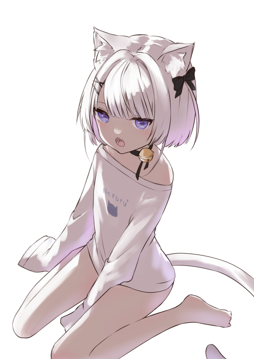 1girl, animal_ears, barefoot, between_legs, bow, cat_ears, cat_girl, cat_tail