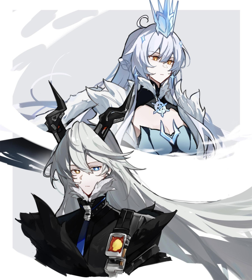 2girls, black_coat, black_horns, blue_dress, blue_eyes, chinese_commentary, closed_mouth, coat