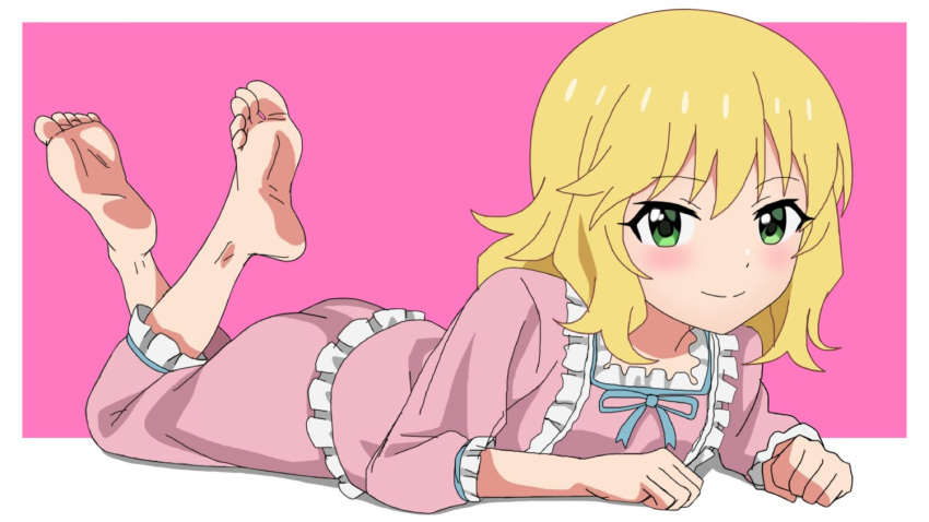 1girl, barefoot, blonde_hair, blush, border, clenched_hands, commentary, frilled_pajamas