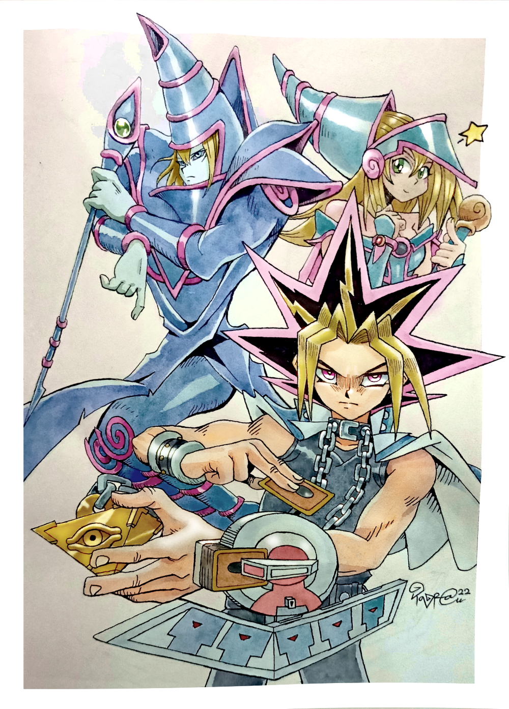 1girl, 2boys, bare_shoulders, big_hair, black_collar, blonde_hair, blue_eyes, blue_footwear