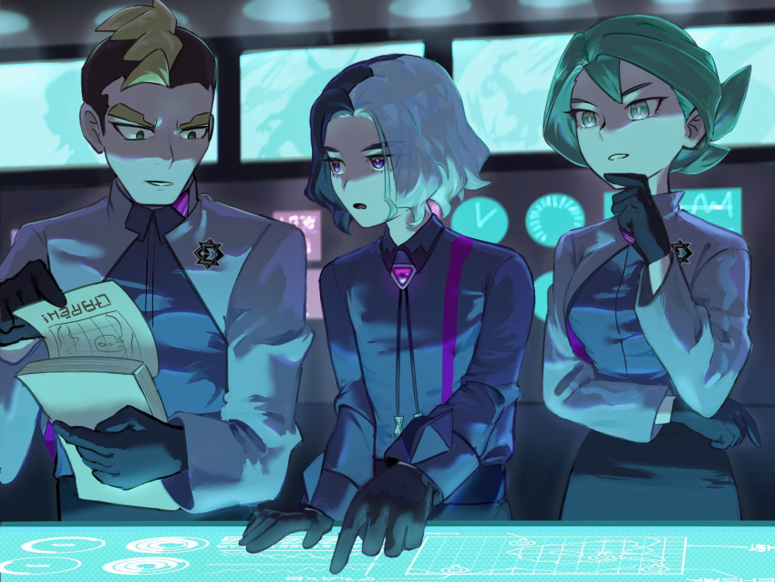 1girl, 2boys, amethio_(pokemon), black_eyes, black_gloves, black_hair, black_skirt, blonde_hair