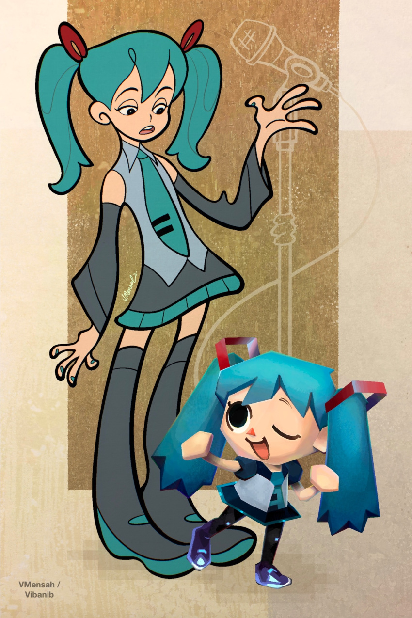 2000s_(style), 2girls, adapted_costume, alternate_costume, animal_crossing, animal_crossing_(style), aqua_hair, aqua_necktie, bare_shoulders, black_eyes, black_footwear, black_pantyhose, black_skirt, black_sleeves, blue_hair, blue_nails, blue_necktie, boots, chibi, class_of_3000, collared_shirt, detached_sleeves, dual_persona, fewer_digits, flat_chest, frown, grey_shirt, hair_ornament, half-closed_eyes, hand_up, hatsune_miku, height_difference, highres, long_hair, long_sleeves, looking_at_another, looking_down, looking_up, microphone, microphone_stand, multiple_girls, necktie, no_fingers, one_eye_closed, open_mouth, pantyhose, parody, puffy_short_sleeves, puffy_sleeves, shirt, short_sleeves, skirt, sleeveless, sleeveless_shirt, smile, style_parody, teeth, thigh_boots, toon_(style), triangle_nose, twintails, upper_teeth_only, vibnib, vocaloid