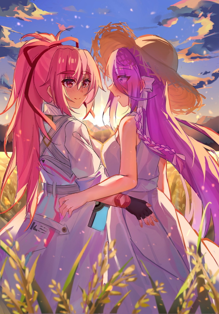 2girls, absurdres, belt, braid, breasts, chest_harness, dark_skin, hair_over_one_eye