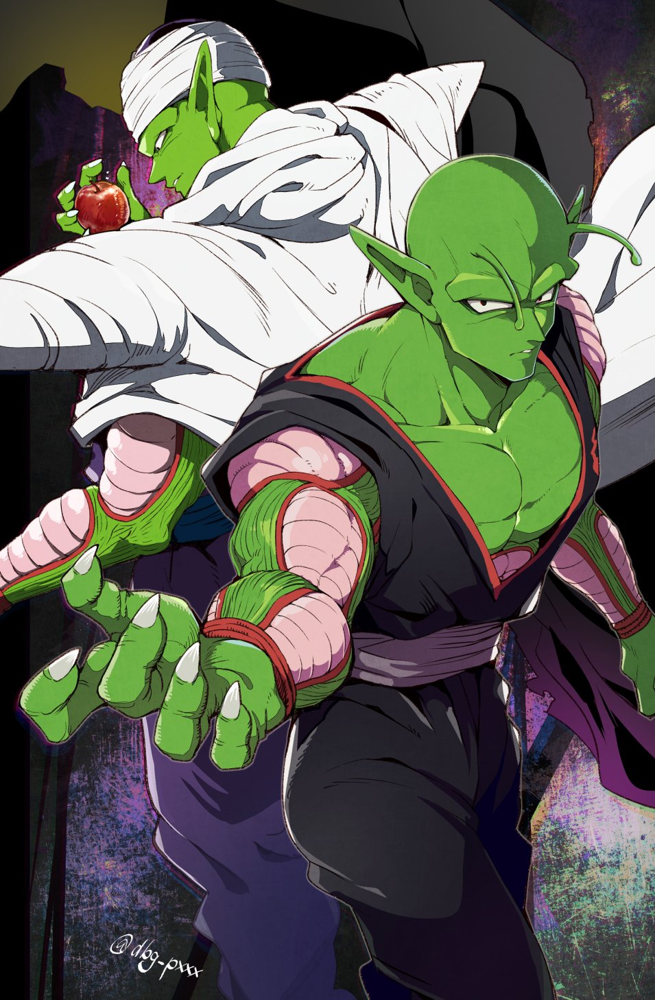 antennae, apple, back-to-back, bald, bb_m0024, black_eyes, cape, colored_skin