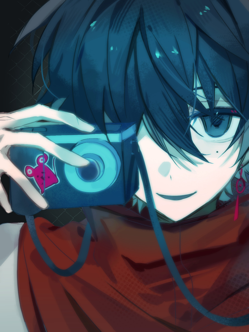 1boy, black_hair, camera, chinese_commentary, colored_skin, commentary_request, earrings, highres, holding, holding_camera, jacket, jewelry, li_yuting_(male), li_yuting_(mouse), looking_at_viewer, male_focus, mole, mole_under_eye, open_mouth, portrait, red_jacket, short_hair, smile, solo, sticker, swider, touqi_guaitan, white_skin