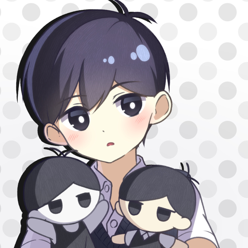 1boy, antenna_hair, black_eyes, black_hair, black_sweater_vest, bright_pupils, buttons, collared_shirt
