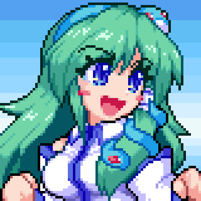 1girl, :d, blue_background, blue_eyes, blue_hairband, blush_stickers, breasts, frog_hair_ornament