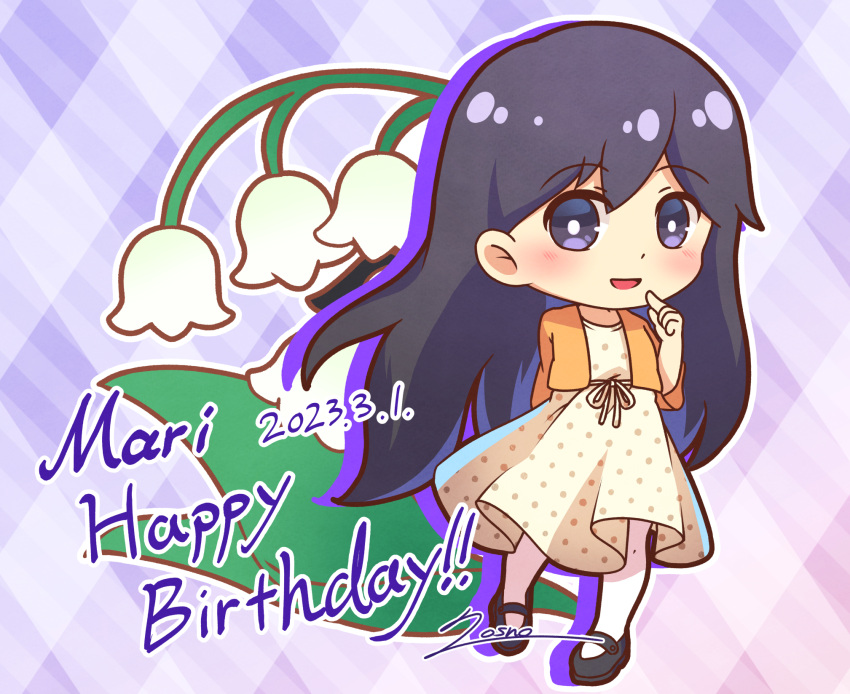 1girl, arm_behind_back, black_footwear, black_hair, blush, bright_pupils, character_name, chibi