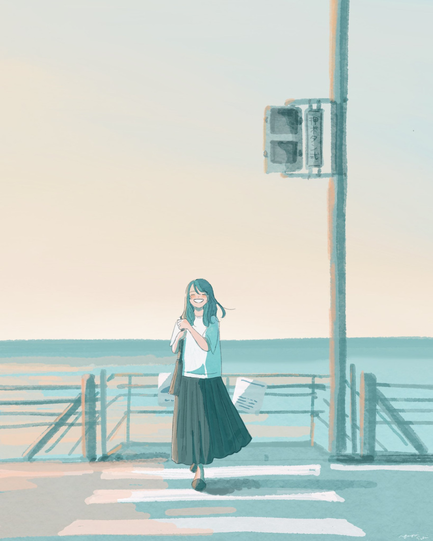 1girl, :d, bag, beach, black_bag, black_footwear, black_skirt, closed_eyes