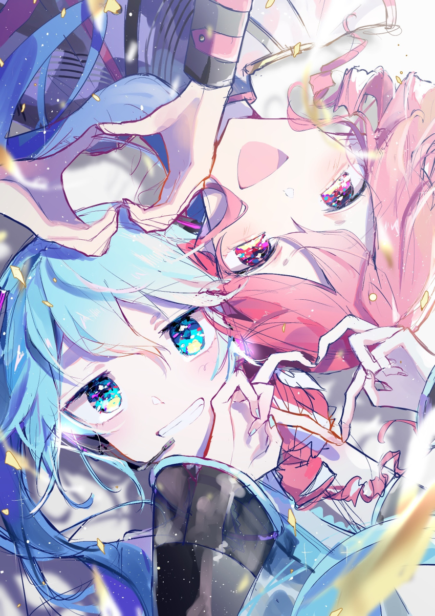 2girls, ai_no_uta_(synthesizer), black_sleeve_cuffs, black_sleeves, blue_eyes, blue_hair, detached_sleeves, drill_hair, grin, hair_between_eyes, hair_ribbon, hatsune_miku, heart, heart_hands, highres, jacket, kasane_teto, kasane_teto_(sv), long_hair, lying, multiple_girls, oda_kogane, on_back, open_mouth, parted_bangs, portrait, red_eyes, redhead, ribbon, shoulder_belt, sleeve_cuffs, smile, striped_clothes, striped_jacket, triangle_mouth, twintails, vocaloid, white_ribbon