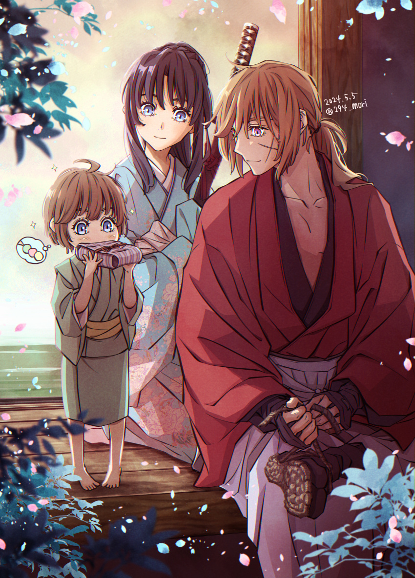 1girl, 294_mori, 2boys, barefoot, black_hair, blue_eyes, blue_kimono, brown_hair