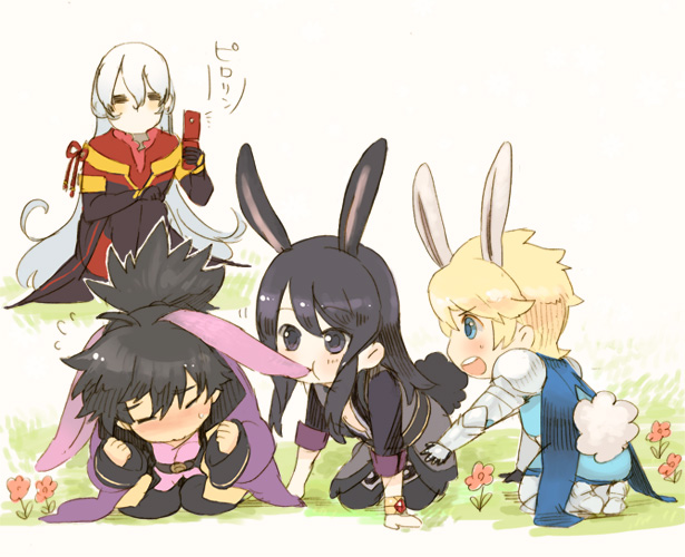 animal_ears, armor, black_eyes, black_hair, blonde_hair, blue_eyes, bunny_ears, duke_pantarei